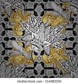 Seamless vintage pattern on black background with golden and white elements.