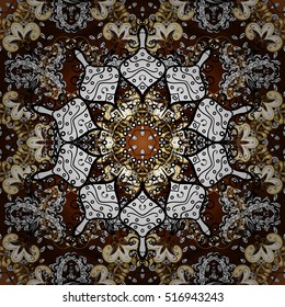 Seamless vintage pattern on black background with white and golden floral elements.