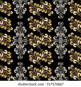 Seamless vintage pattern on black background with golden and silver elements.
