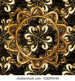 Seamless vintage pattern on black background with golden elements.