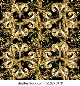 Seamless vintage pattern on black background with golden elements.