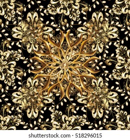 Seamless vintage pattern on black background with golden elements.