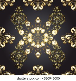 Seamless vintage pattern on black background with golden elements.