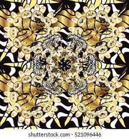 Seamless vintage pattern on black background with golden elements.