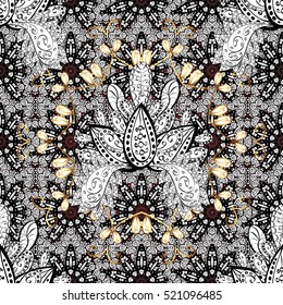 Seamless vintage pattern on black background with golden and white elements. Vector.