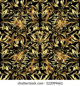 Seamless vintage pattern on black background with golden elements.