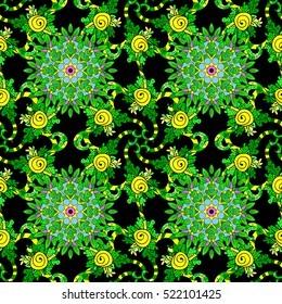 Seamless vintage pattern on black background with green nad yellow doodles elements.
