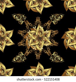 Seamless vintage pattern on black background with golden elements.