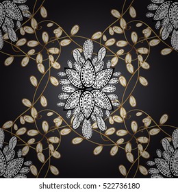 Seamless vintage pattern on black background with golden elements.