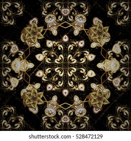 Seamless vintage pattern on black background with golden elements.