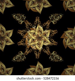 Seamless vintage pattern on black background with golden elements.