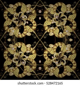 Seamless vintage pattern on black background with golden elements.