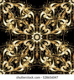 Seamless vintage pattern on black background with golden elements.