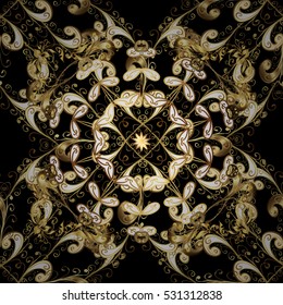 Seamless vintage pattern on black background with golden elements.