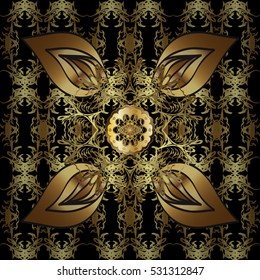 Seamless vintage pattern on black background with golden elements.