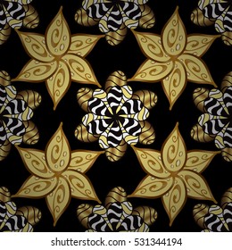 Seamless vintage pattern on black background with golden elements. Golden flowers. Stripe. Vector.