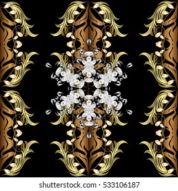 Seamless vintage pattern on black background with golden elements.