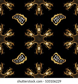Seamless vintage pattern on black background with golden elements.