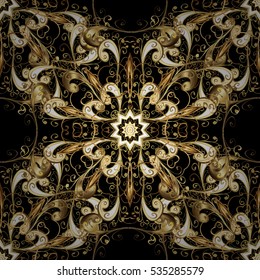 Seamless vintage pattern on black background with golden elements.