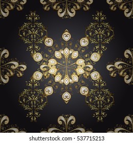 Seamless vintage pattern on black background with golden elements. Radial gradient shadow.