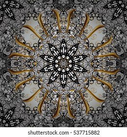 Seamless vintage pattern on black background with golden and white elements. Radial gradient shadow.