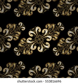 Seamless vintage pattern on black background with golden elements. Christmas, snowflake, new year. Radial gradient shape.
