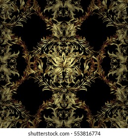 Seamless vintage pattern on black background with golden elements. Christmas, snowflake, new year. Radial gradient shape.