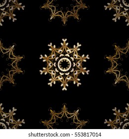 Seamless vintage pattern on black background with golden elements. Christmas, snowflake, new year. Radial gradient shape.