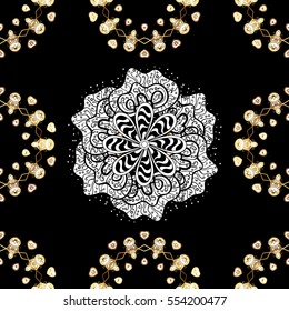 Seamless vintage pattern on black background with golden elements. Snowflakes, New Year, Christmas