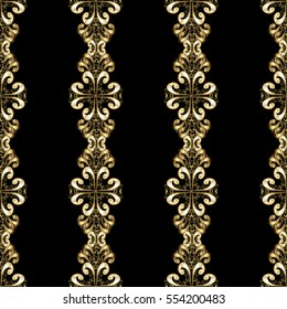 Seamless vintage pattern on black background with golden elements. Snowflakes, New Year, Christmas