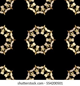 Seamless vintage pattern on black background with golden elements. Snowflakes, New Year, Christmas