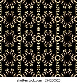 Seamless vintage pattern on black background with golden elements. Snowflakes, New Year, Christmas