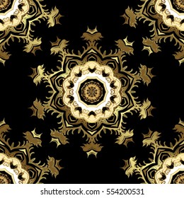 Seamless vintage pattern on black background with golden elements. Snowflakes, New Year, Christmas