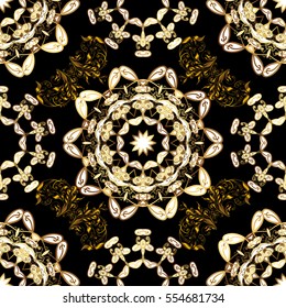 Seamless vintage pattern on black background with golden elements. Snowflake, New Year, Christmas.