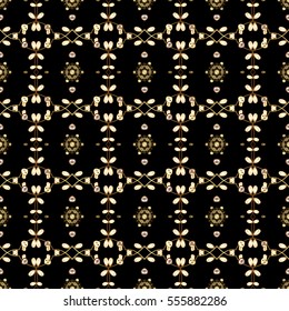 Seamless vintage pattern on black background with golden elements. Christmas, snowflake, new year. vector illustration texture.