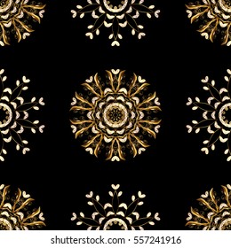 Seamless vintage pattern on black background with golden elements. Christmas, snowflake, new year.