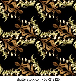 Seamless vintage pattern on black background with golden elements.