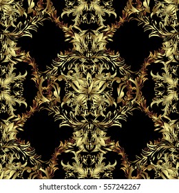 Seamless vintage pattern on black background with golden elements. Christmas, snowflake, new year.
