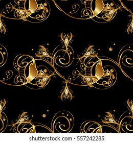 Seamless vintage pattern on black background with golden elements. Christmas, snowflake, new year.