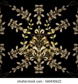 Seamless vintage pattern on black background with golden elements. Snowflakes, New Year, Christmas. Radial gradient shape.