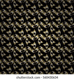 Seamless vintage pattern on black background with golden elements. Leaves. Radial gradient shape.