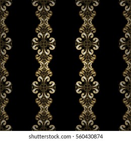 Seamless vintage pattern on black background with golden elements. Snowflakes, New Year, Christmas. Radial gradient shape.