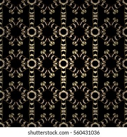 Seamless vintage pattern on black background with golden elements. Snowflakes, New Year, Christmas. Radial gradient shape.