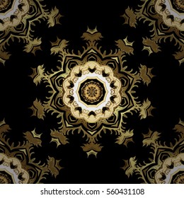 Seamless vintage pattern on black background with golden elements. Snowflakes, New Year, Christmas. Radial gradient shape.