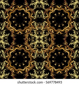 Seamless vintage pattern on black background with golden elements.