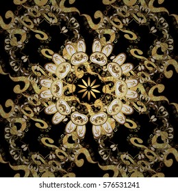 Seamless vintage pattern on black background with golden elements. Radial gradient shape.