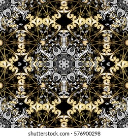 Seamless vintage pattern on black background with golden elements.