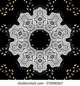 Seamless vintage pattern on black background with golden elements.