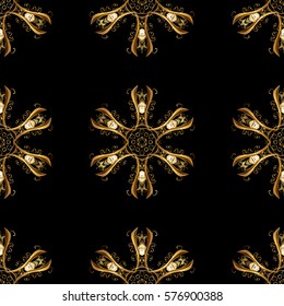 Seamless vintage pattern on black background with golden elements.