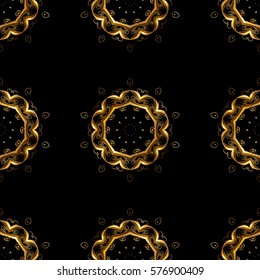 Seamless vintage pattern on black background with golden elements.